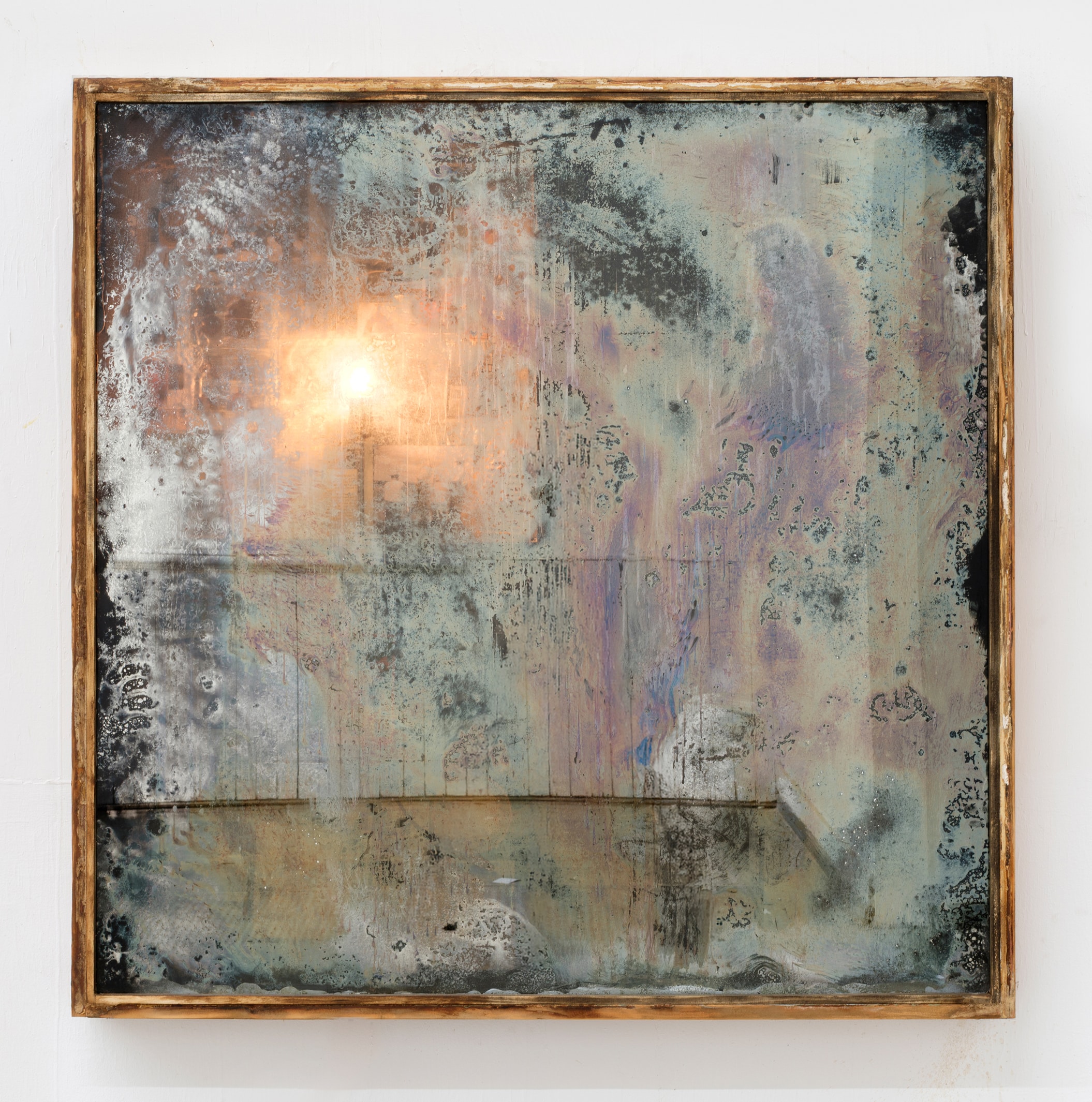 Mónica Mays, <i>Vanity</i>, 2026. Silver nitrate mirrors, reclaimed wood, found objects, laser print, light bulb, 50 x 50 x 4 1/2 in (127 x 127 x 11.5 cm)